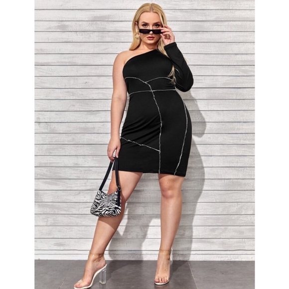 ONE SHOULDER STITCH TRIM DRESS - Picture 1 of 9